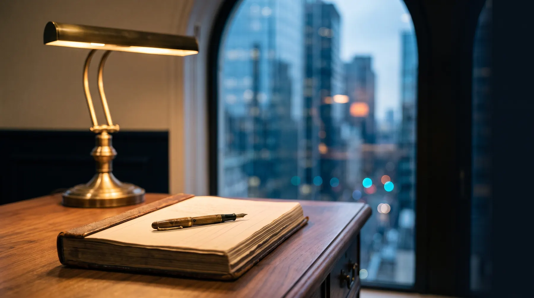 A leather-bound ledger and a fountain pen on a walnut desk beside a brass lamp, with the glass towers of a large city softly out of focus through an arched window at dusk.