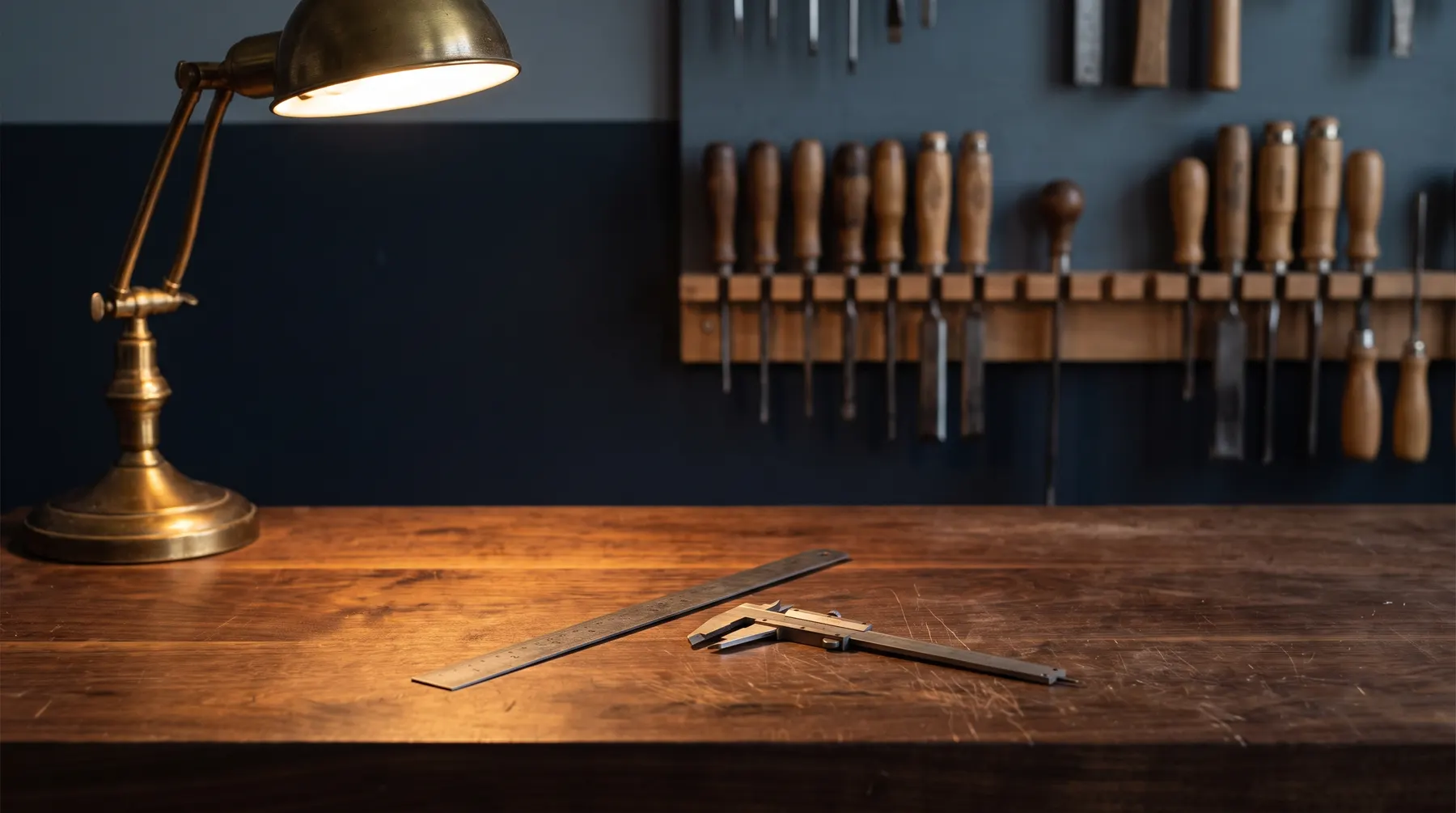 A workshop bench in warm brass task light: a steel rule and calipers laid on a worn walnut top, with racked hand tools softly out of focus behind.