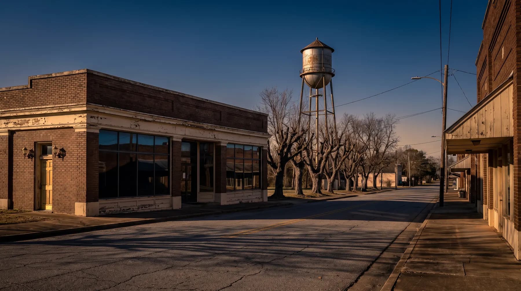 A small-town centre at golden hour: a low brick municipal building with white trim and a water tower rising behind bare trees over an empty street.