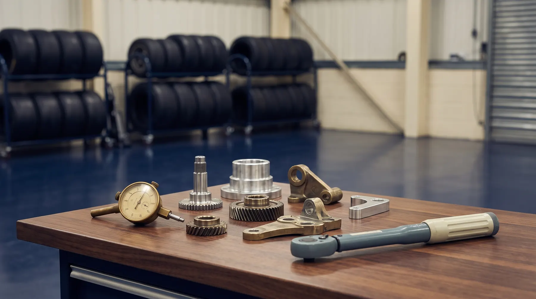 Polished machined metal components arranged on a walnut bench in a spotless workshop, with a torque wrench, a brass-cased dial gauge and racked tyres out of focus behind.