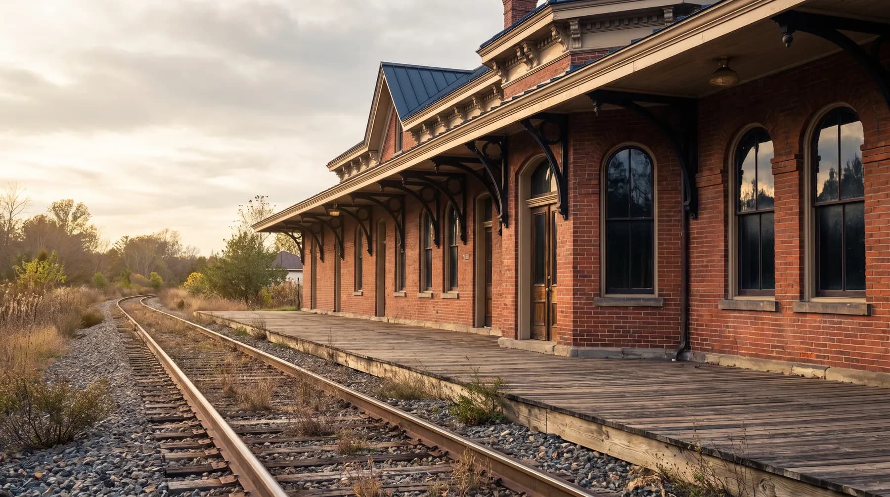 A deserted historic railway depot in soft afternoon light: warm red brickwork, deep eaves on iron brackets and a single polished rail curving away from an empty platform.