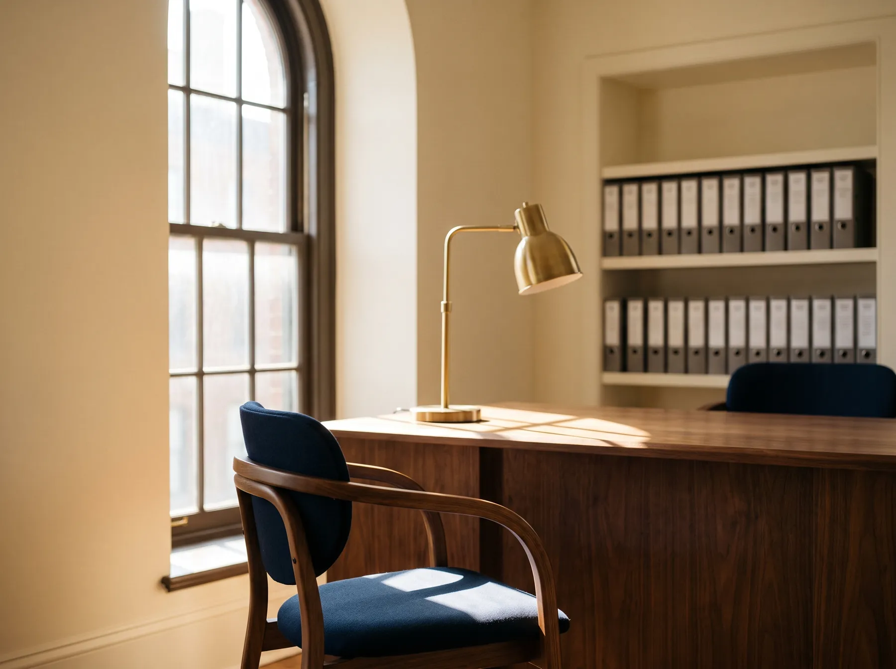 A quiet office interior: a walnut desk beneath a tall arched window, a brass lamp, and shelves of neatly ordered binders.