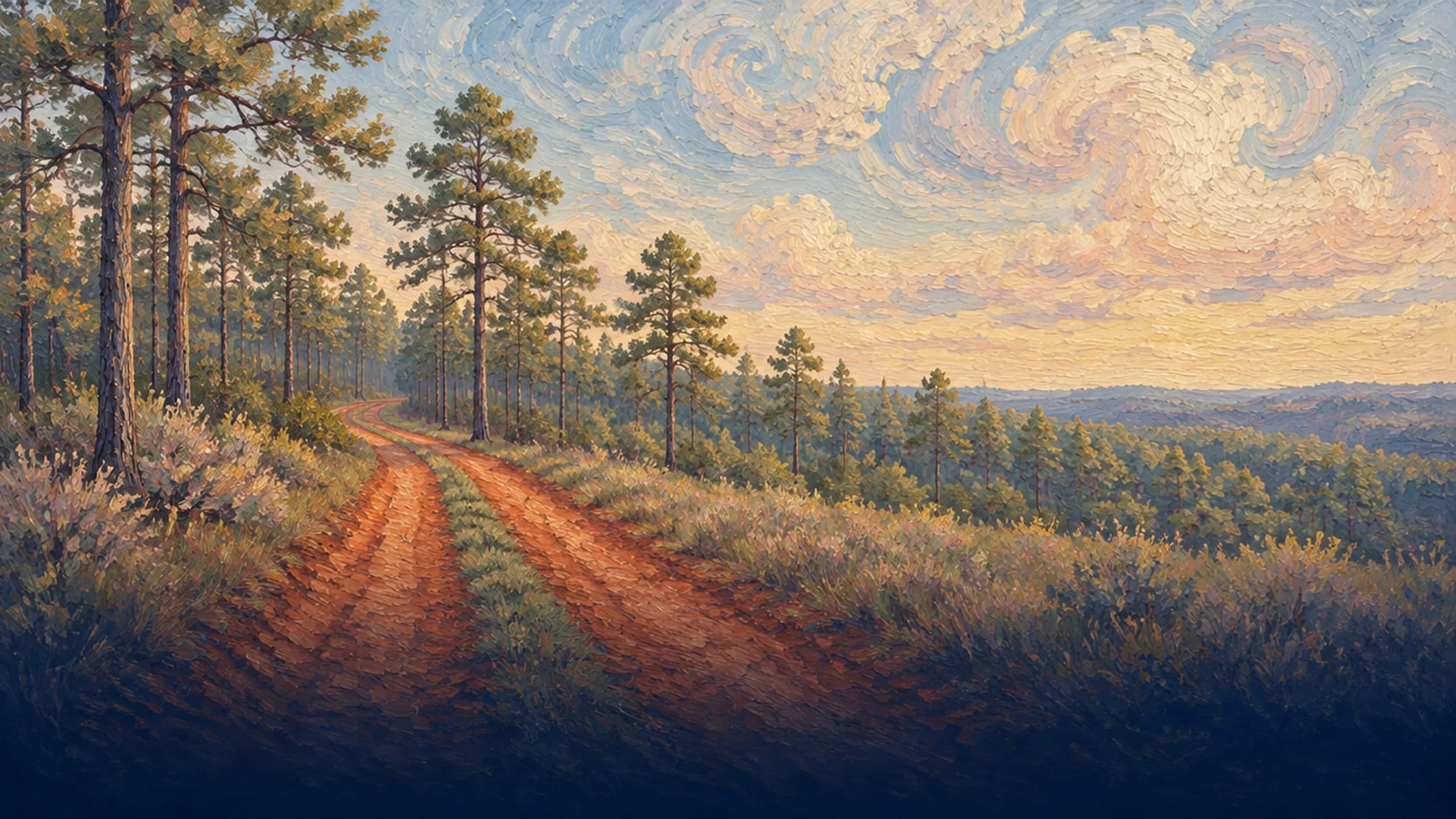 Red-clay farm road curving between pines