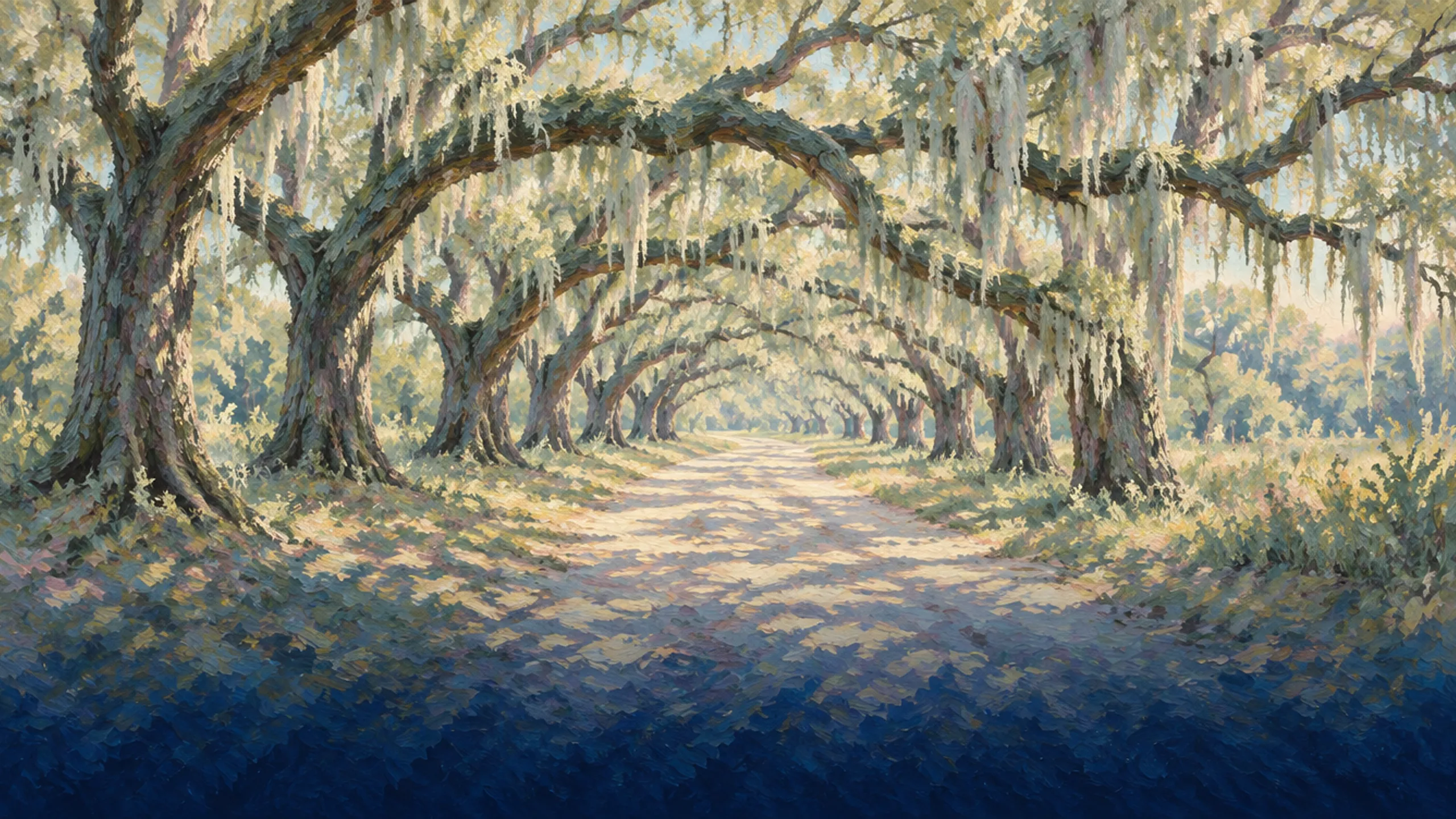Sandy lane under moss-draped live oaks