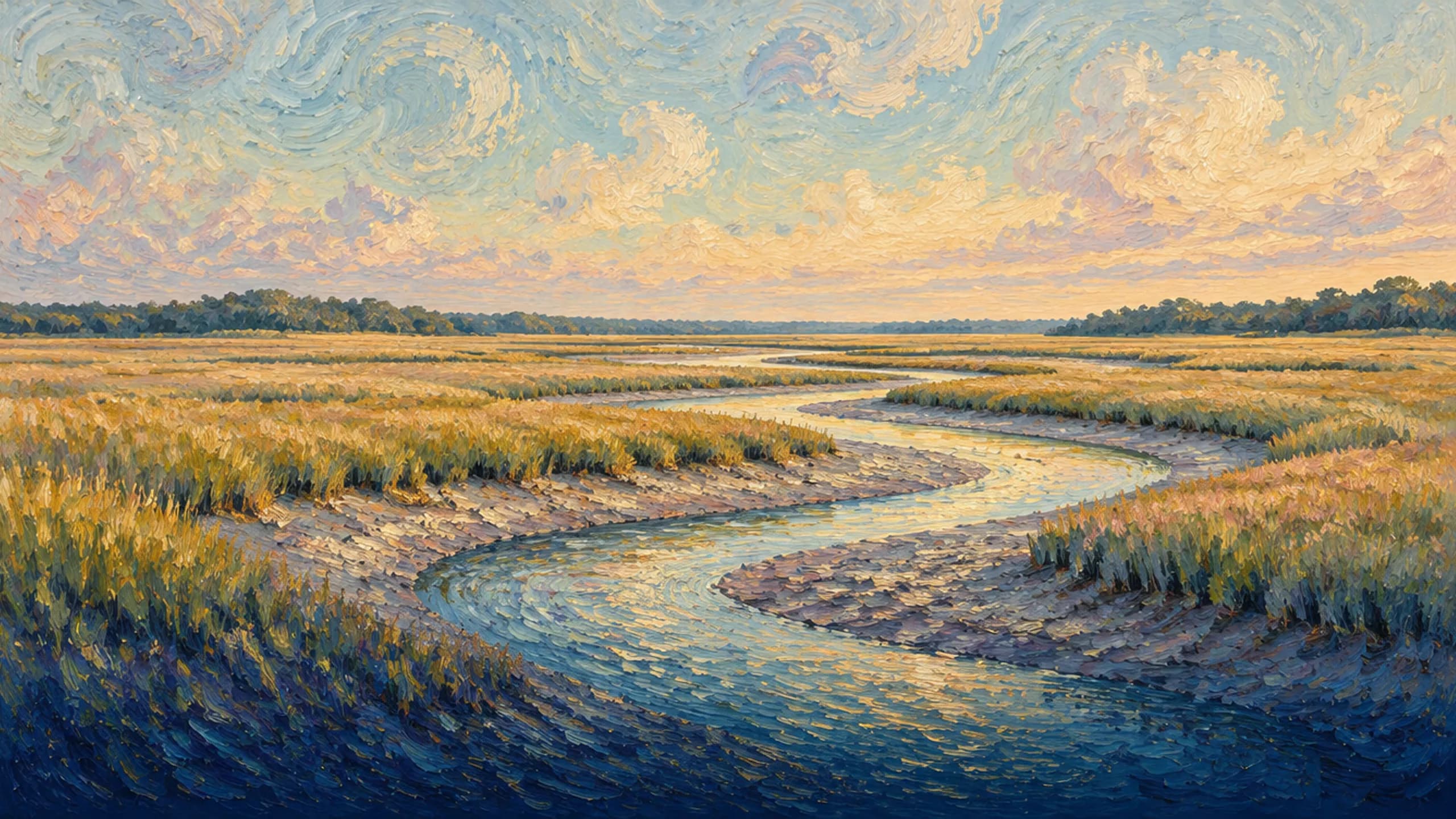 Tidal creek winding through golden marsh grass