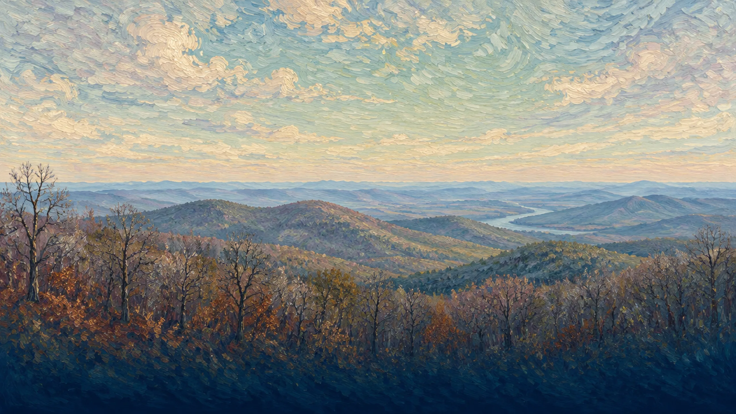 View across wooded hills toward a river valley