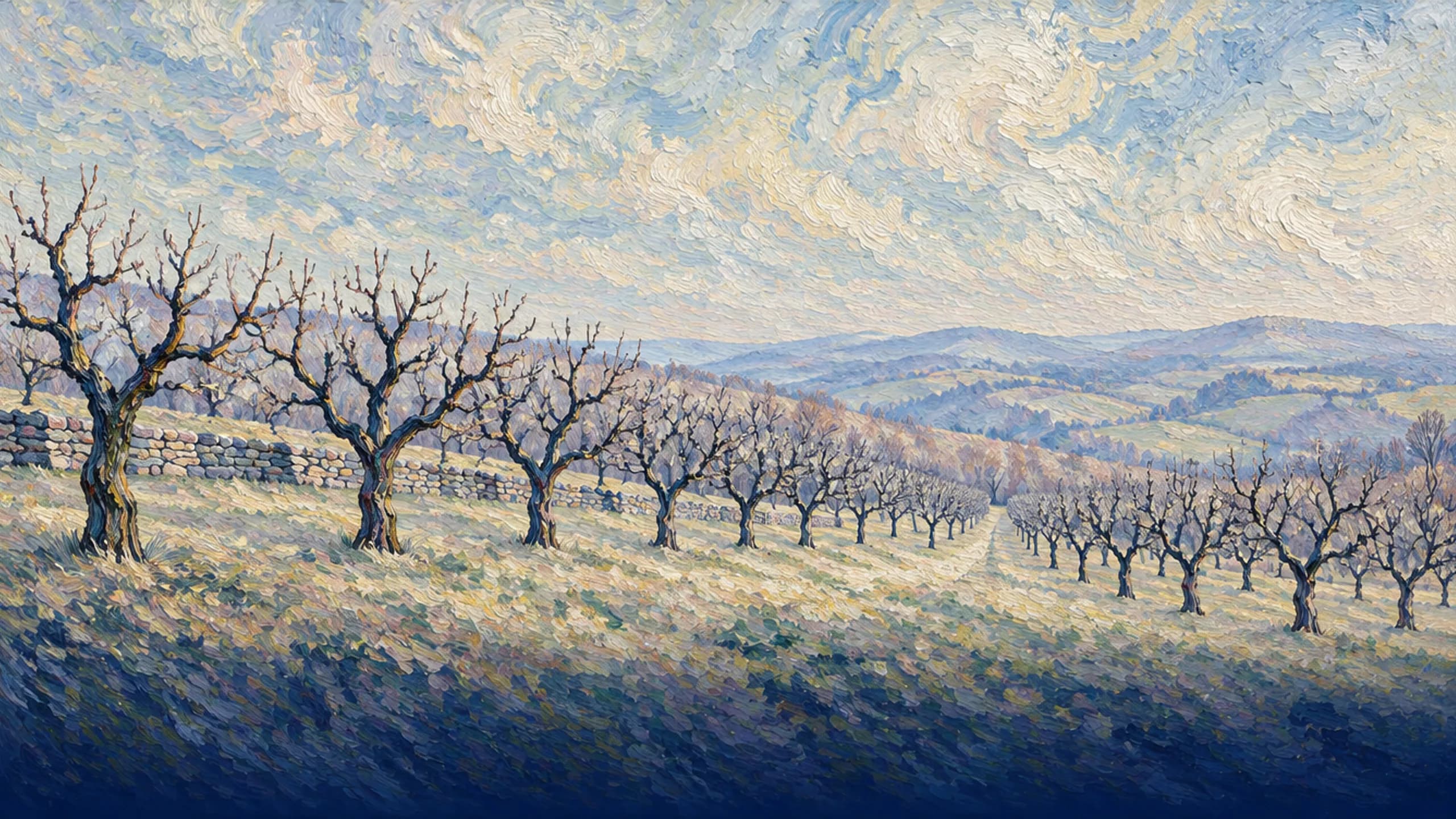 Rows of bare apple trees on a winter hillside