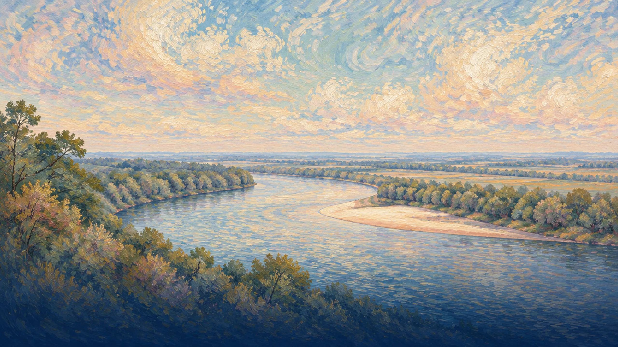 Broad river curving between wooded banks