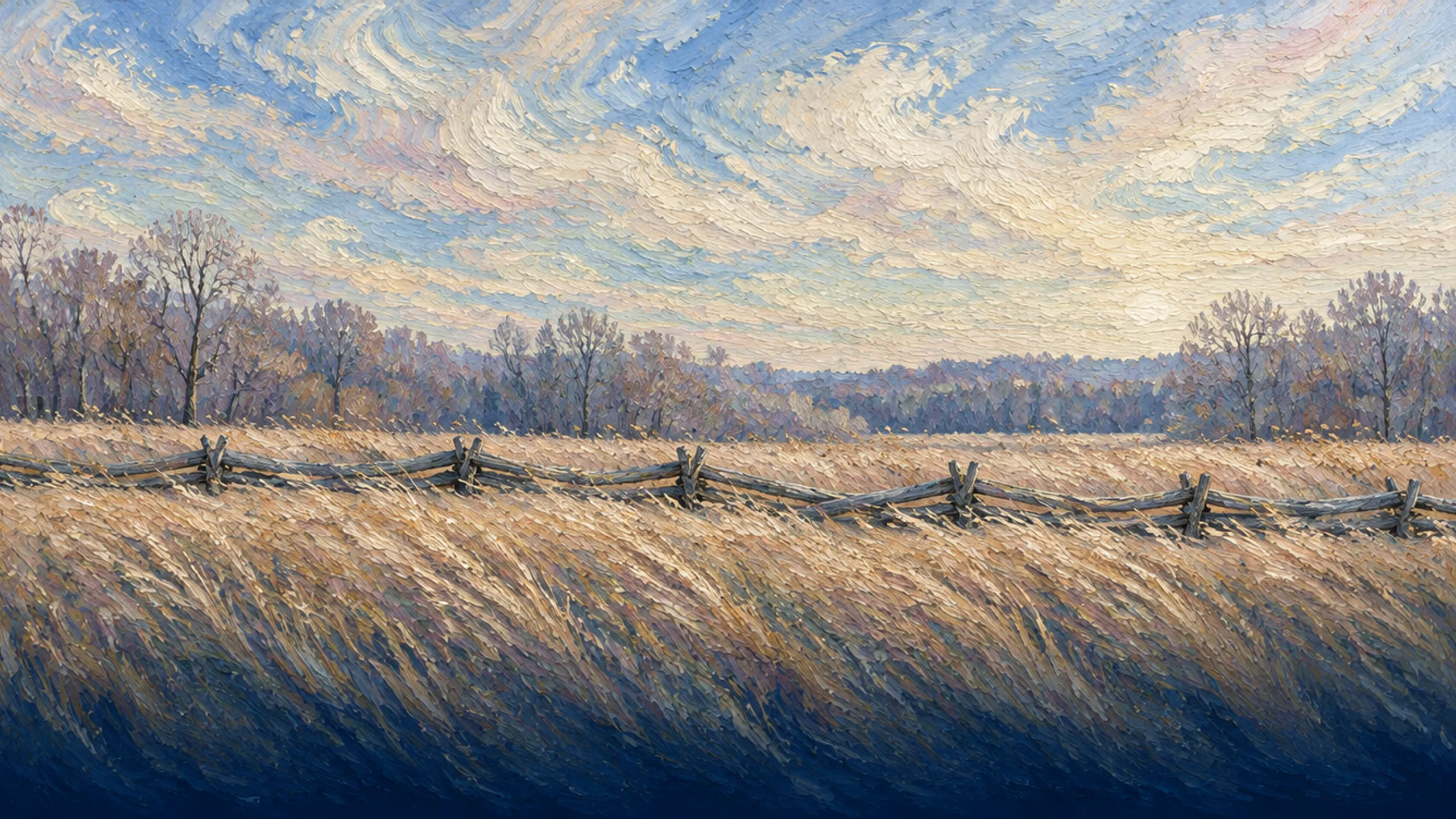 Winter field of broom sedge behind a split-rail fence