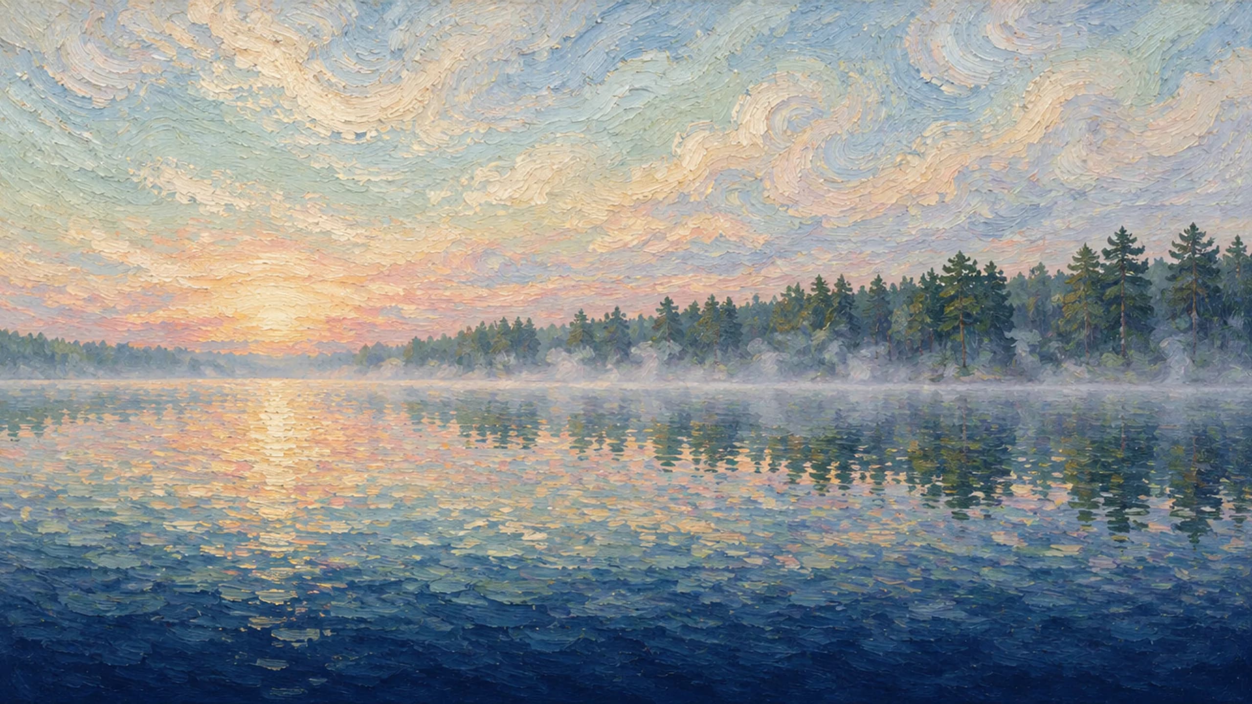 Morning mist over a lake before a line of pines
