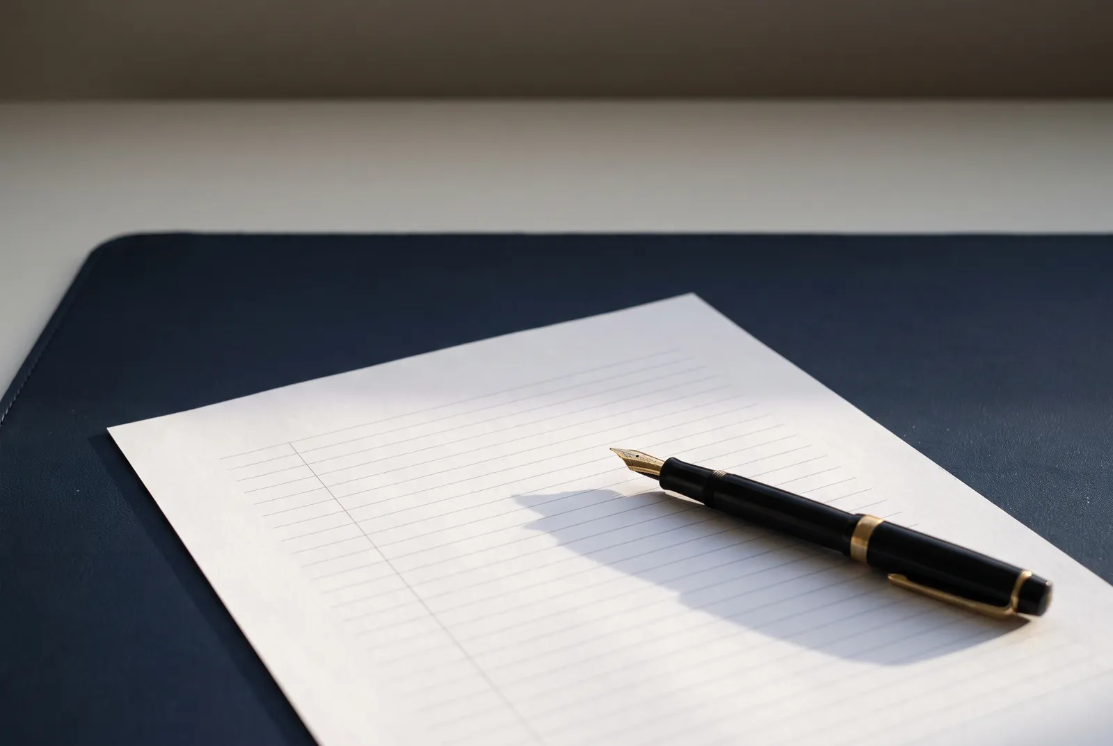 A single ruled sheet of paper on a navy desk blotter with a fountain pen resting across one corner.