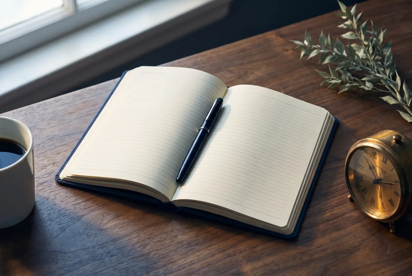 An open appointment diary with blank ruled pages on a walnut desk, a navy fountain pen across the gutter and a small brass clock alongside.