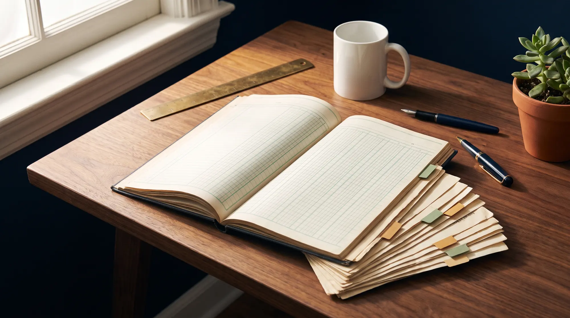 An open columnar ledger on a walnut desk beside a brass ruler and a fanned stack of statements marked with sage and amber tabs.
