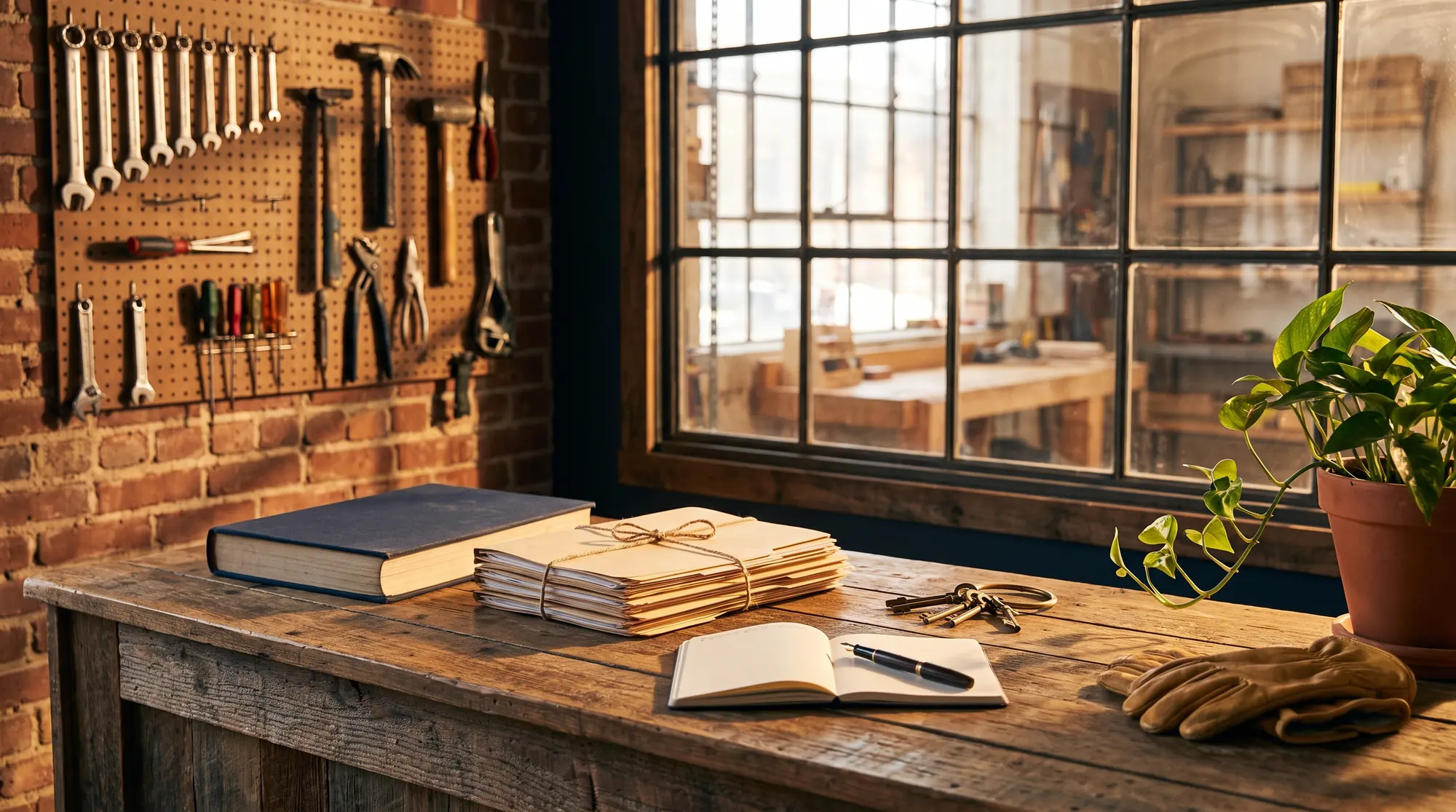A reclaimed wood counter in a workshop holding a navy ledger, a bundle of manila folders tied with twine, an open notebook, keys and work gloves, with a pegboard of tools and a tall window behind.