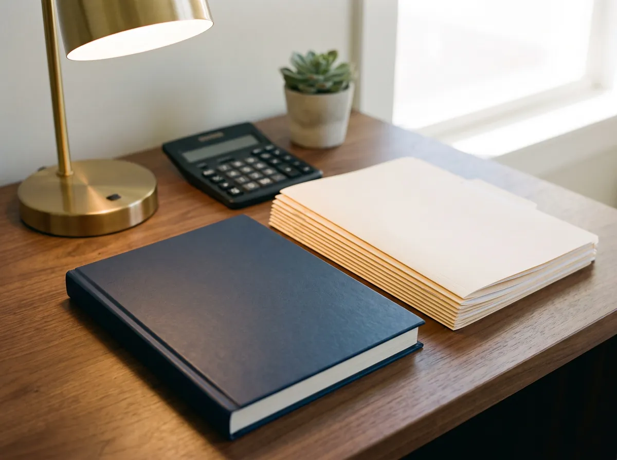 A navy bound ledger and a stack of manila folders on a walnut desk beside a calculator and a brass lamp.
