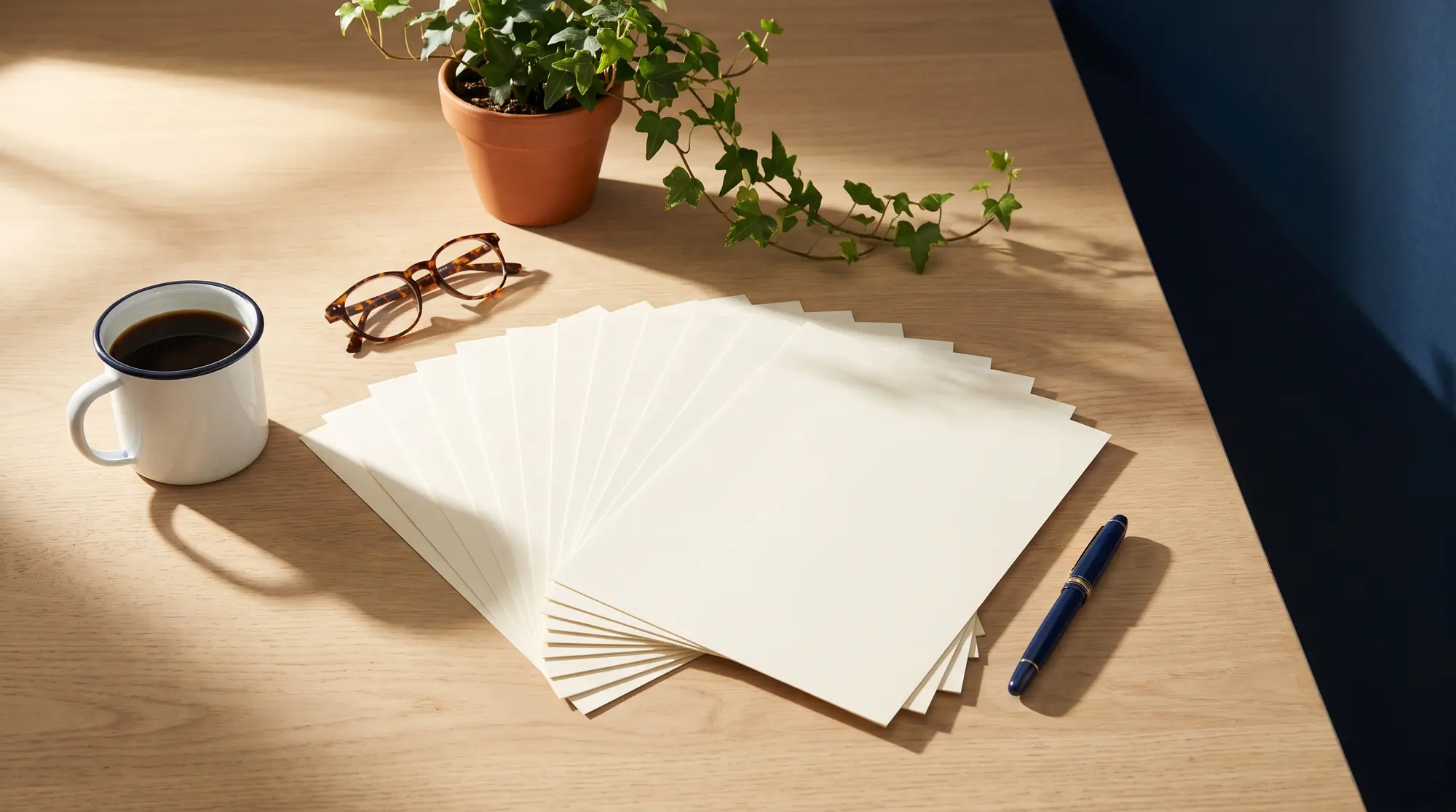 A fanned spread of blank cream sheets on a sunlit oak table beside an enamel mug of coffee, tortoiseshell reading glasses, a navy pen and a potted ivy.