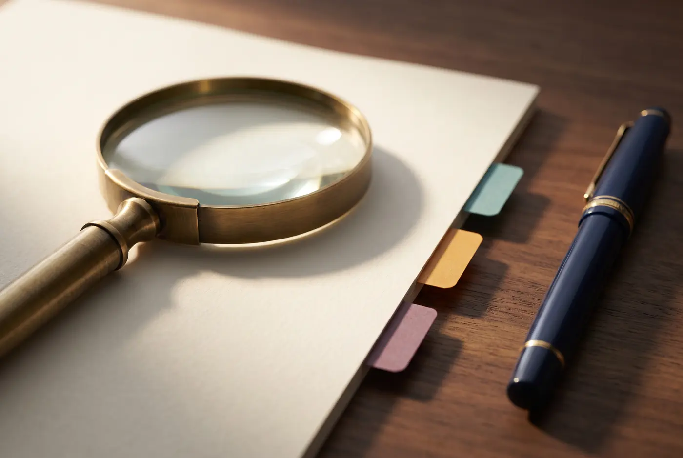 A brass magnifying glass resting on a cream document whose edge carries teal, amber and plum index tabs, with a navy fountain pen alongside.