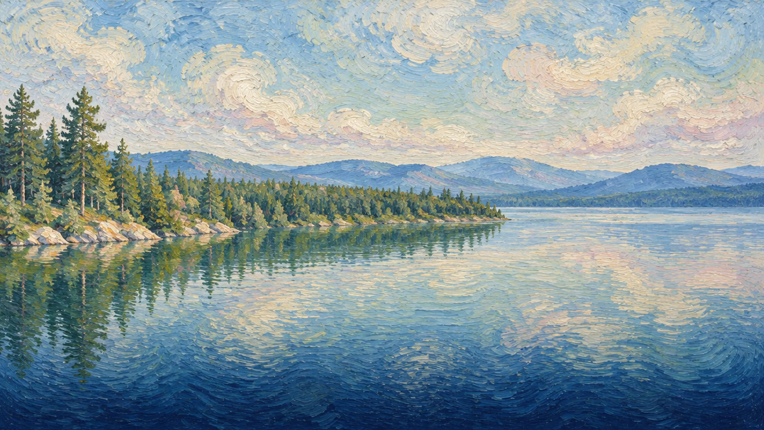 Wooded peninsula reaching into a calm lake