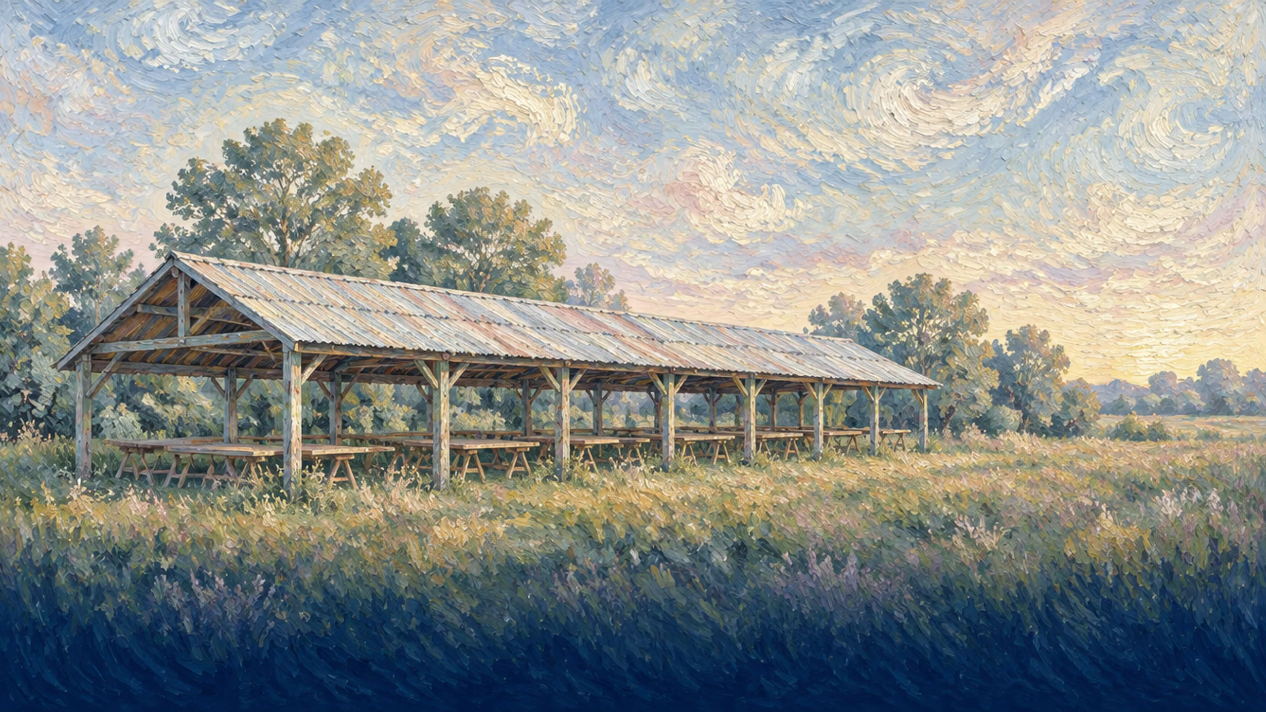Empty open-sided market shed with bare trestle tables