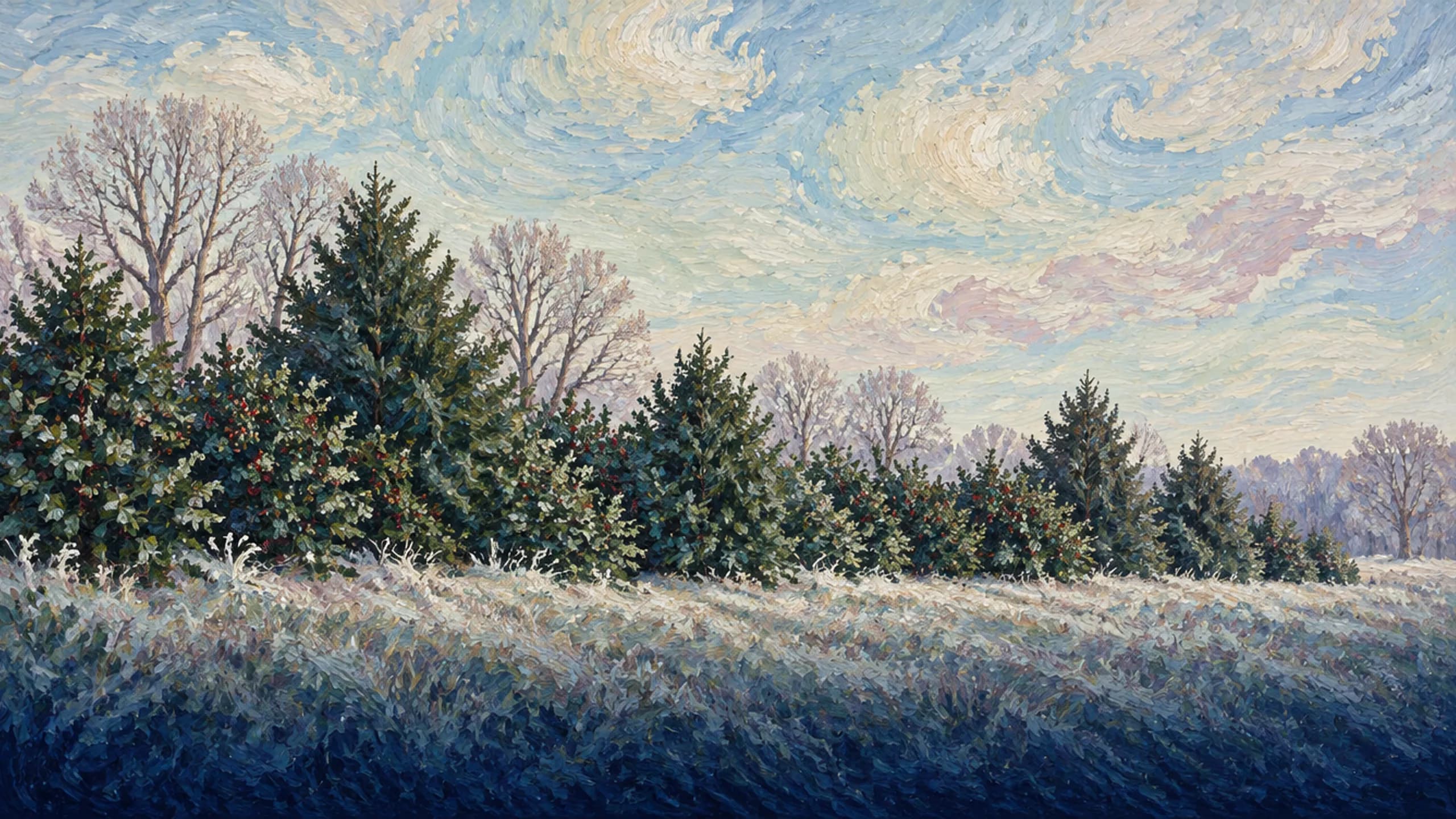 Holly and red cedar hedgerow above a frosted field