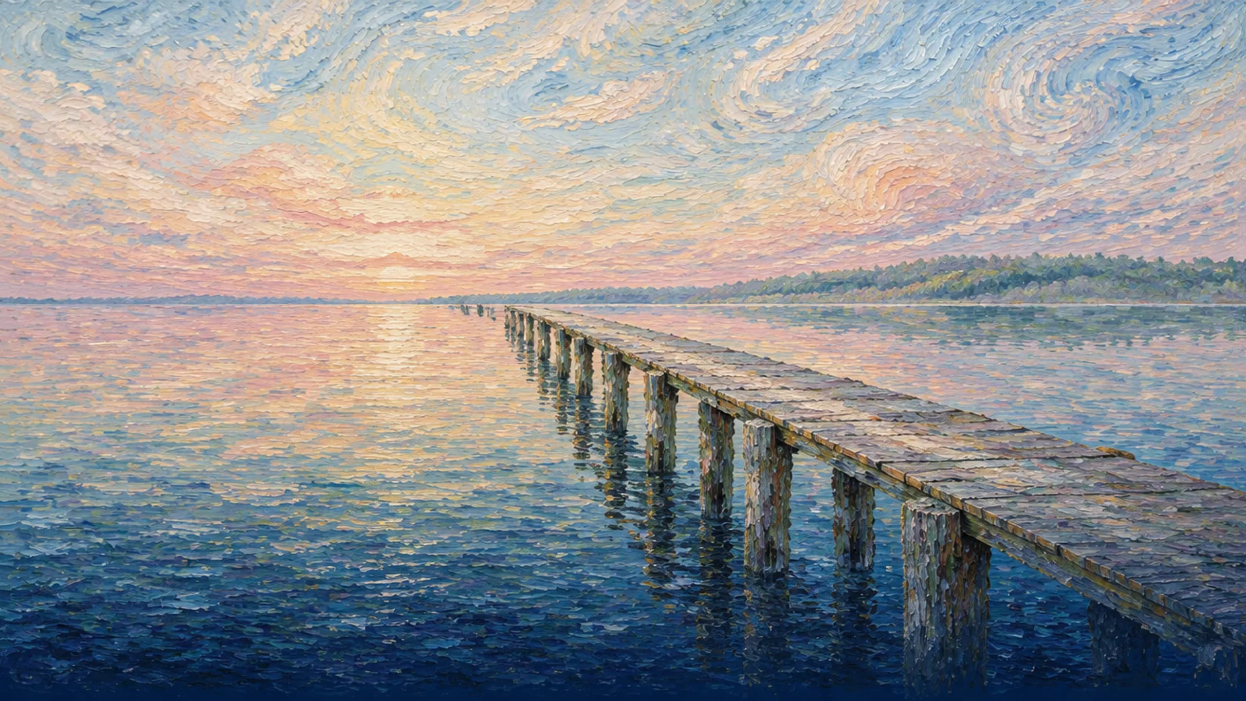 Long wooden pier over calm water at dawn