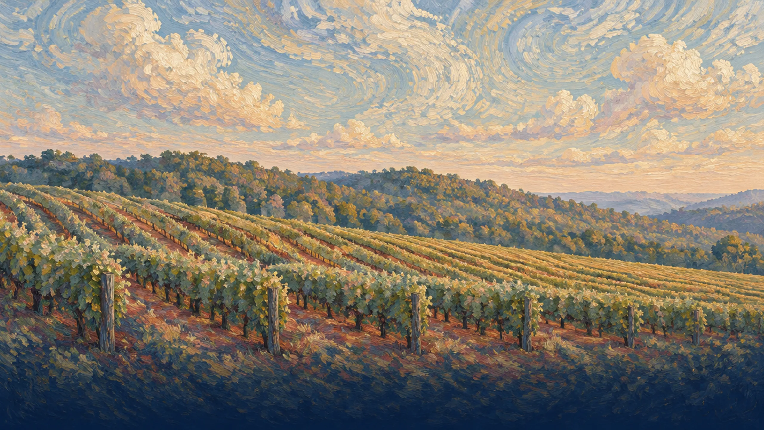 Rows of grapevines across a slope of red clay