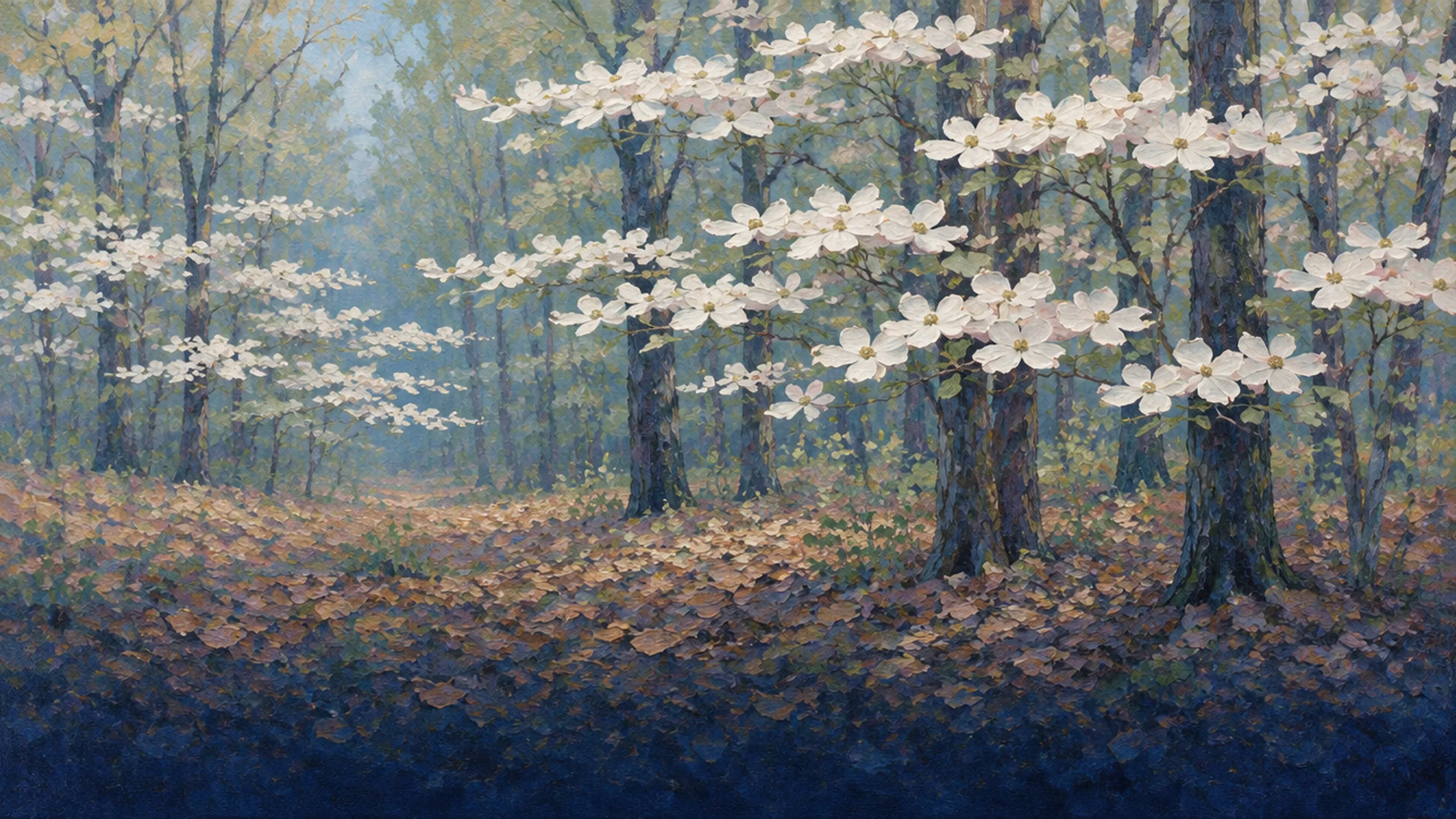 Grove of flowering dogwoods among dark trunks