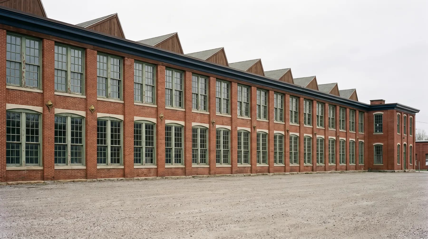 A restored red-brick textile mill with tall multi-pane windows and a sawtooth roofline, seen across an empty gravel lot in soft overcast light.