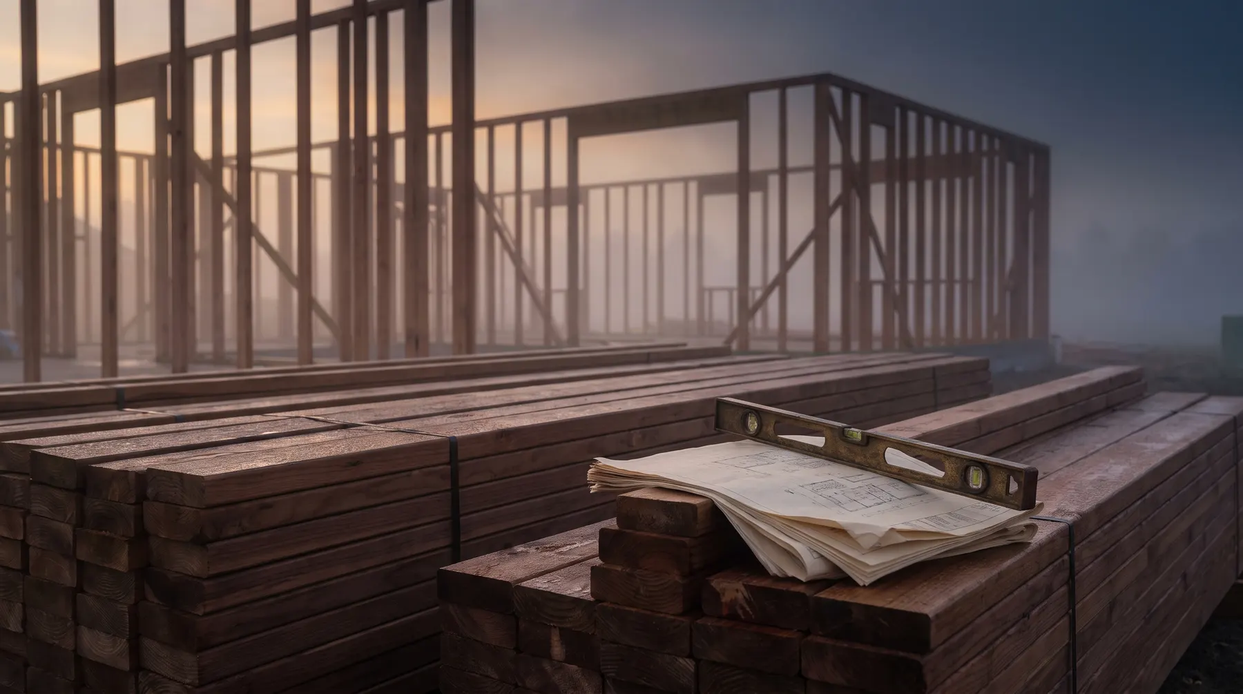 A quiet residential construction site at dawn: neatly stacked framing lumber, a folded set of drawings weighted by a brass level, new timber wall frames rising in mist.