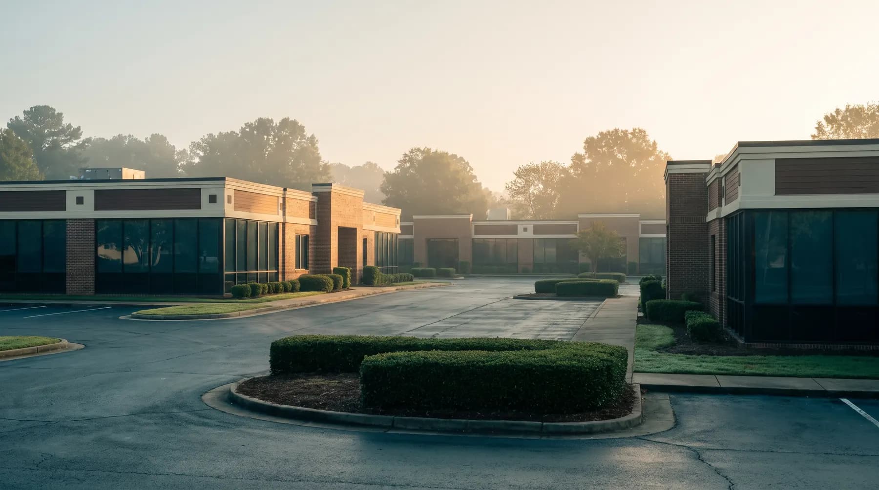 A deserted low suburban office and medical park at dawn, brick and glass single-storey buildings with dark reflective glazing, clipped hedges and an empty car park in mist.