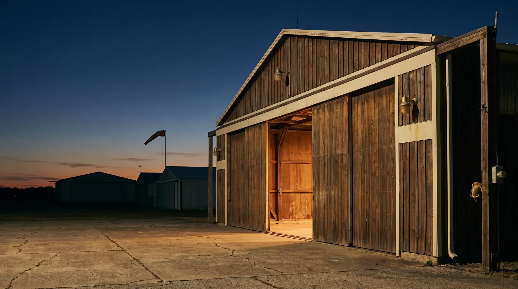 A small regional airfield hangar at dusk with its timber door partly open, warm light spilling onto an empty concrete apron beneath a windsock and deep blue sky.