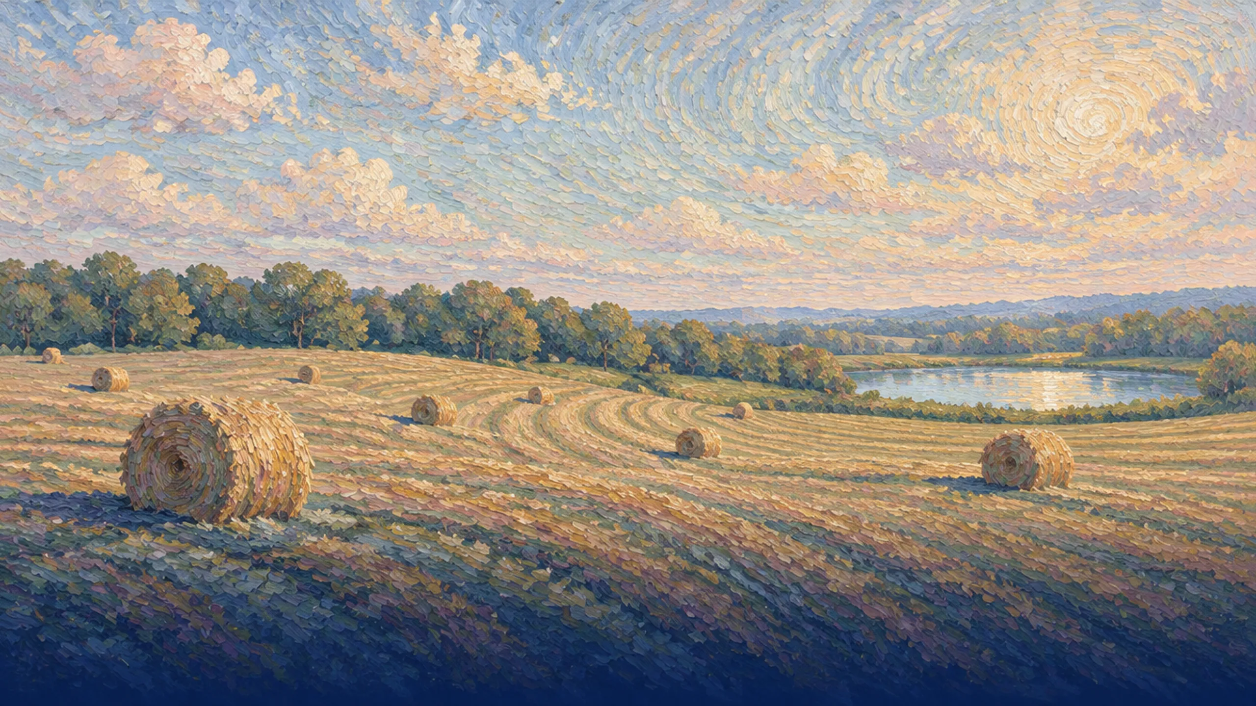 Round hay bales in a mown field