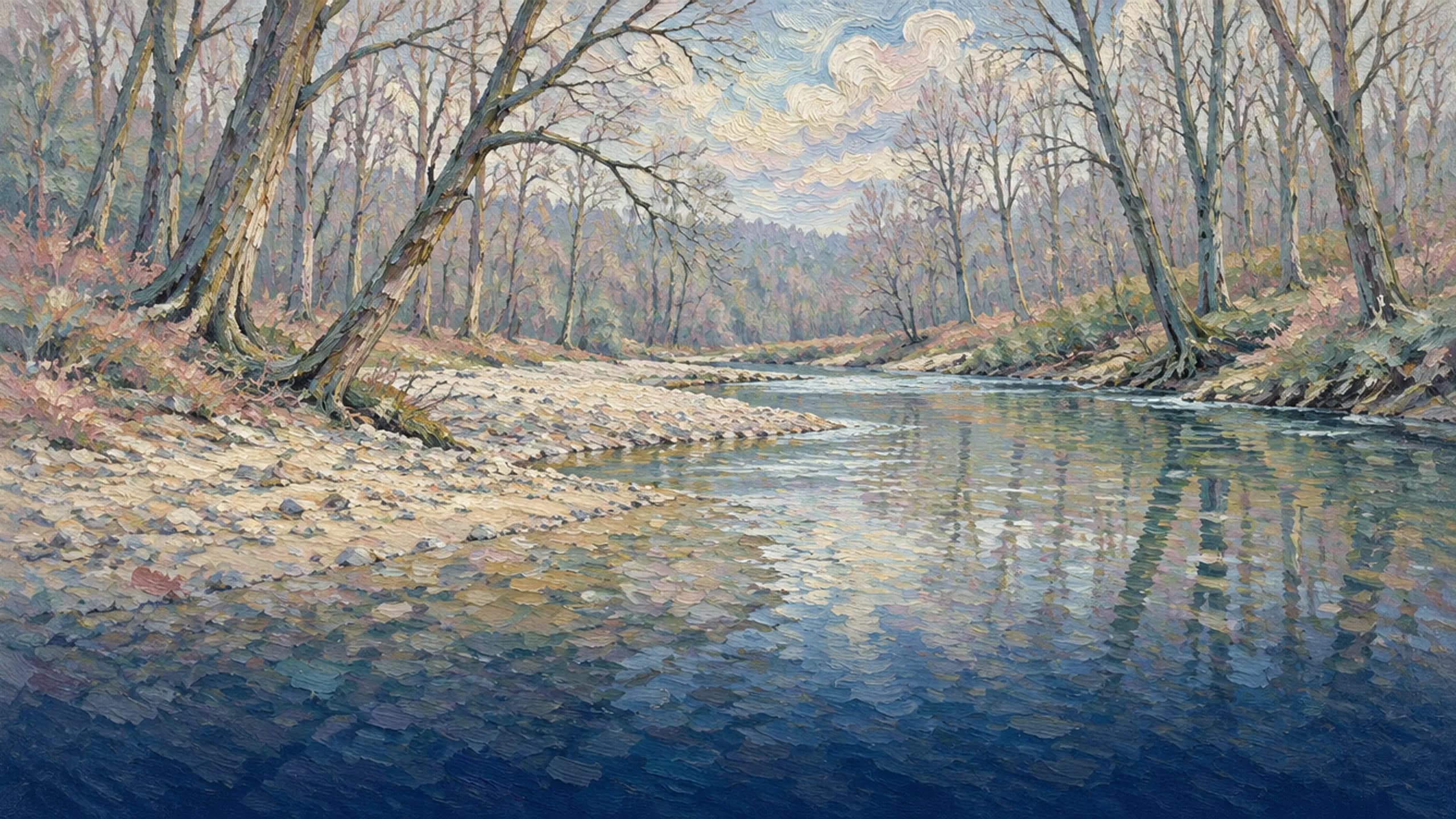Shallow creek running through winter woods