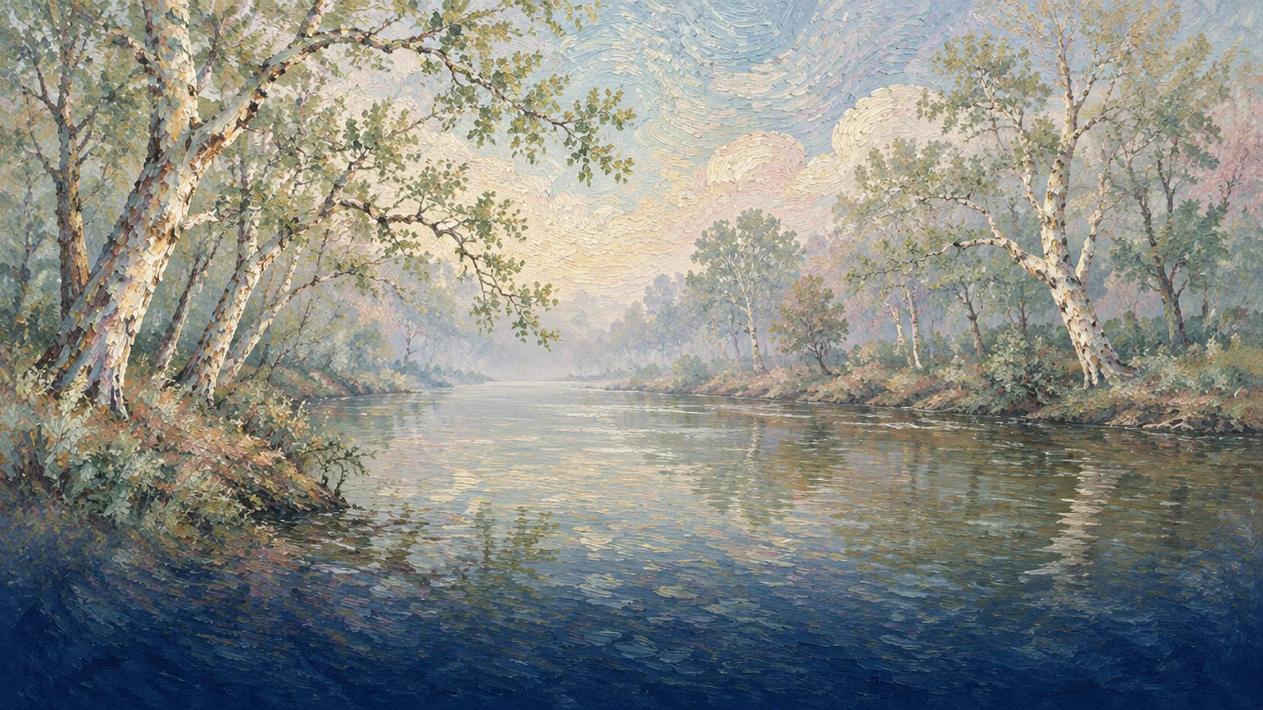 Slow green river in morning mist