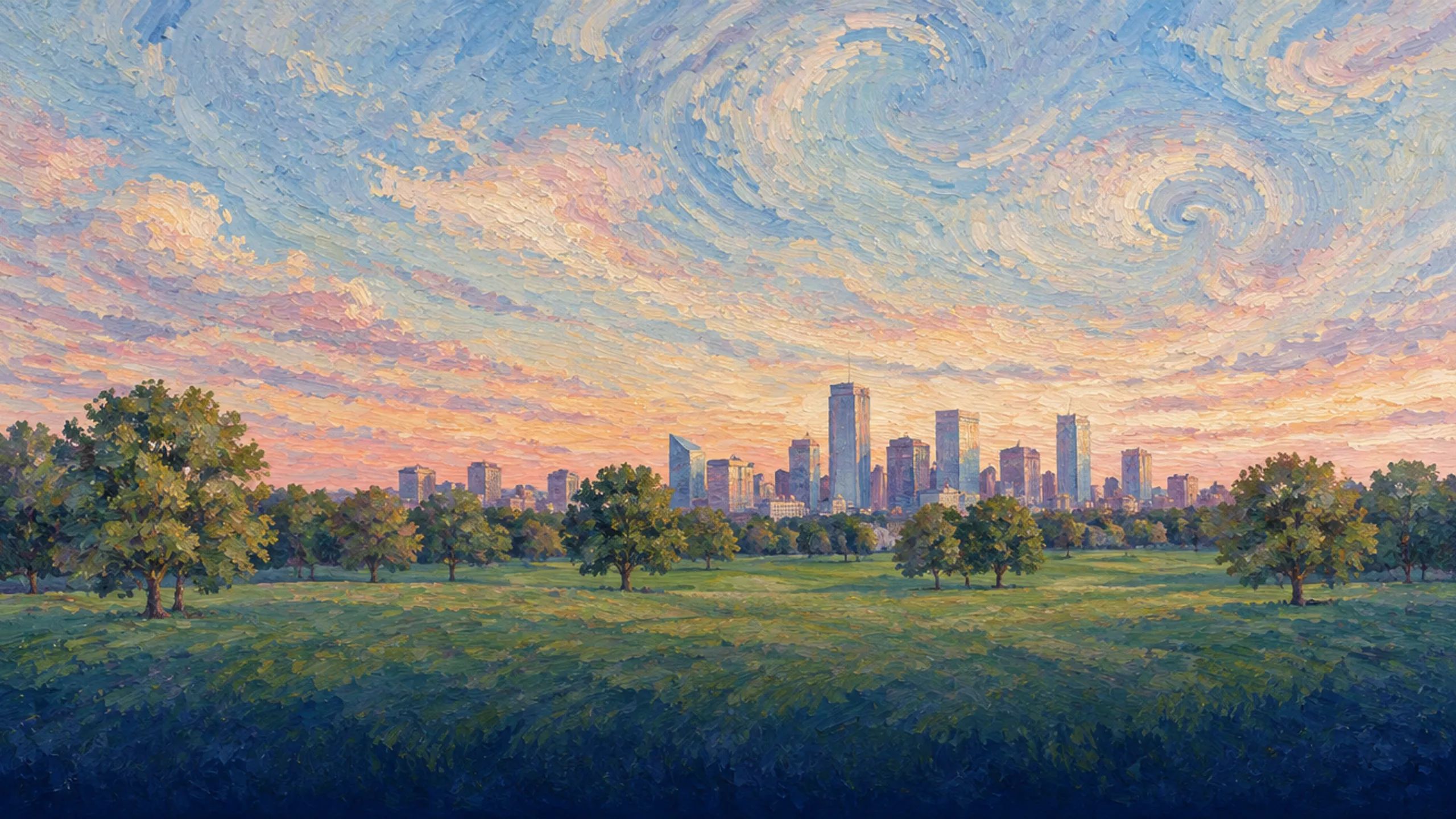 City skyline at dusk across a wide green park