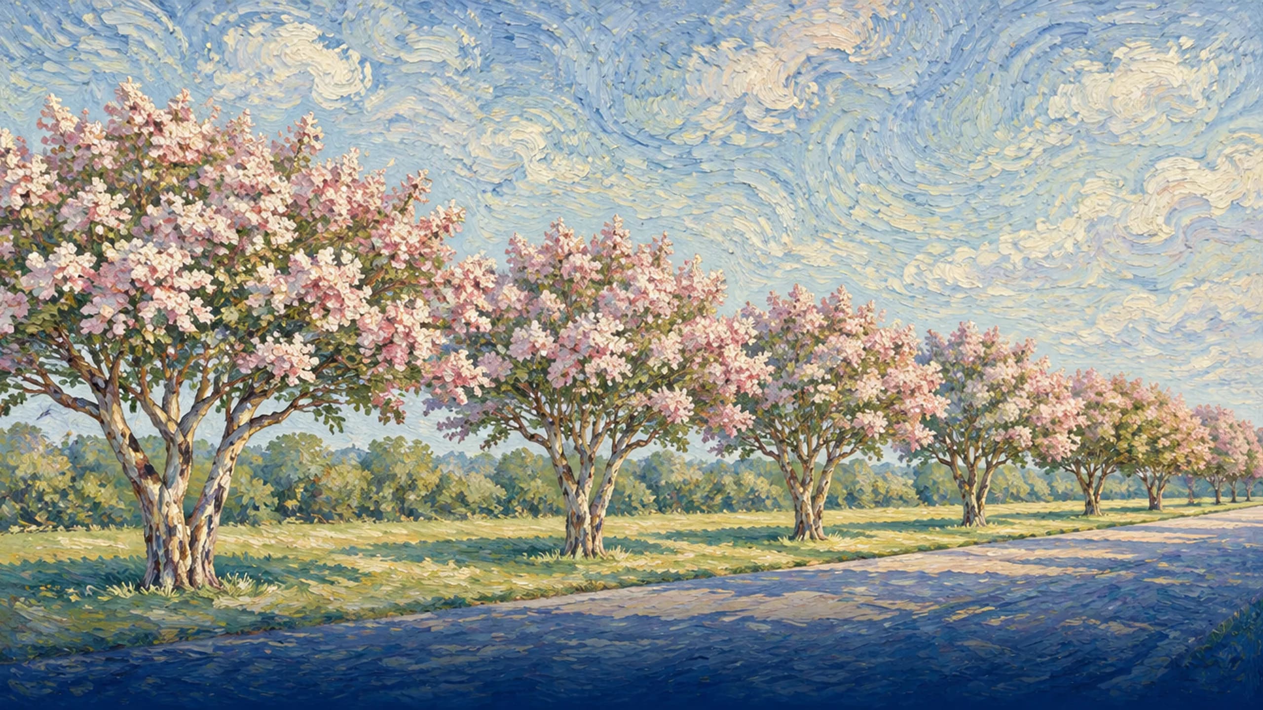 Crepe myrtles in pink bloom along a grass verge