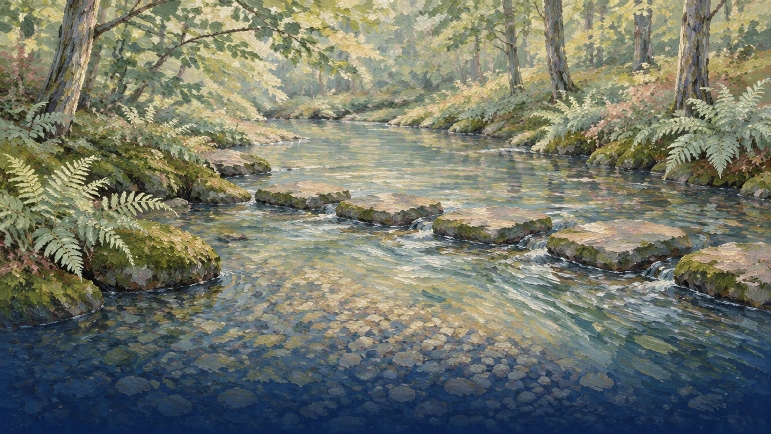 Stepping stones across a shallow creek between mossy banks