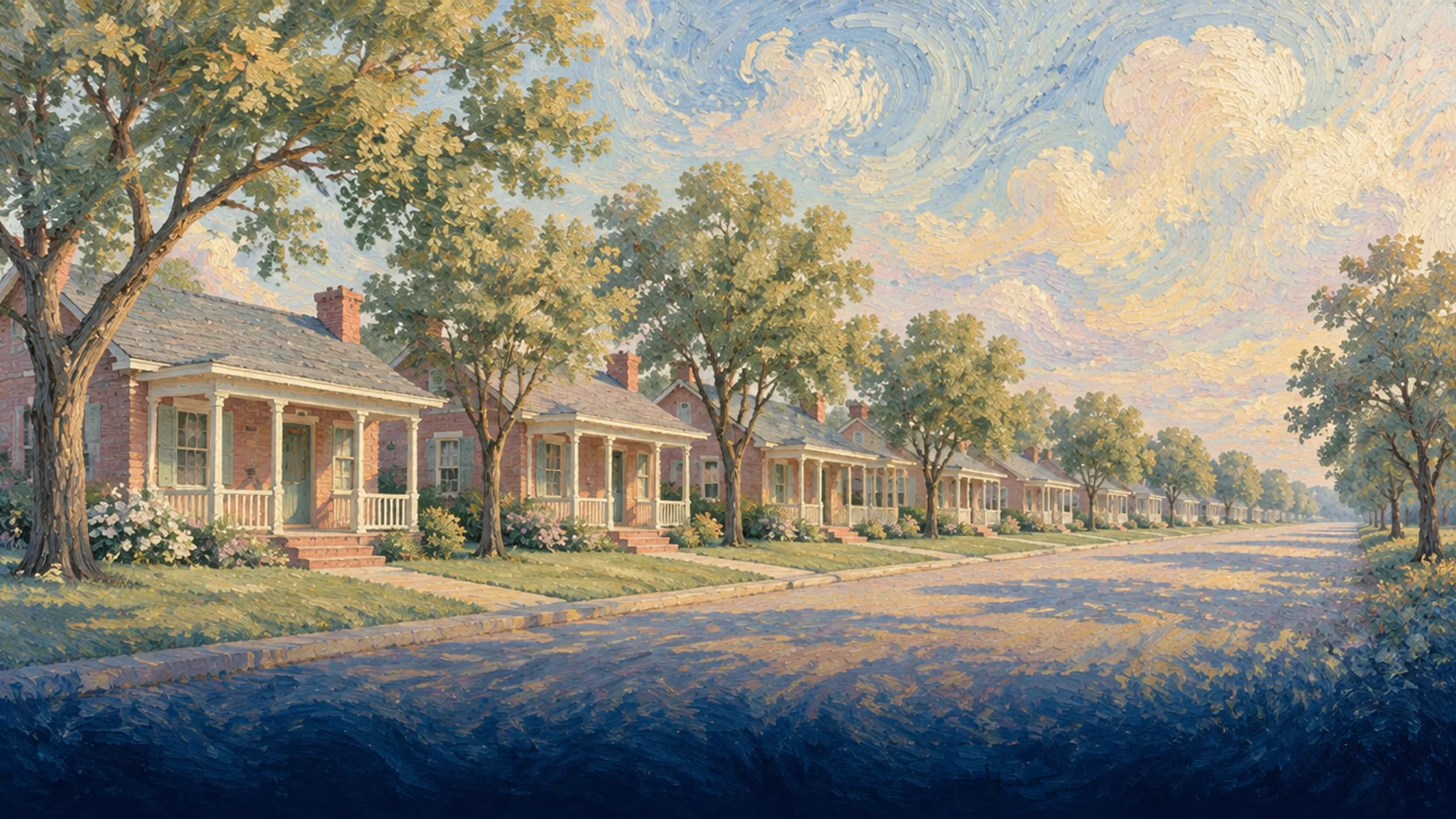 Street of small brick mill cottages with porches