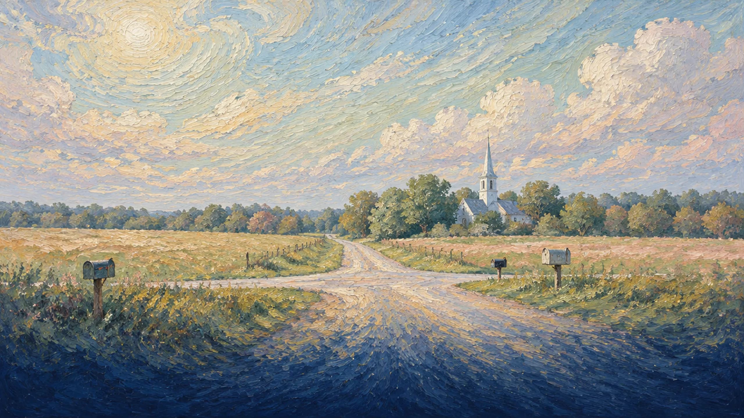Country road and a white church steeple beyond the trees