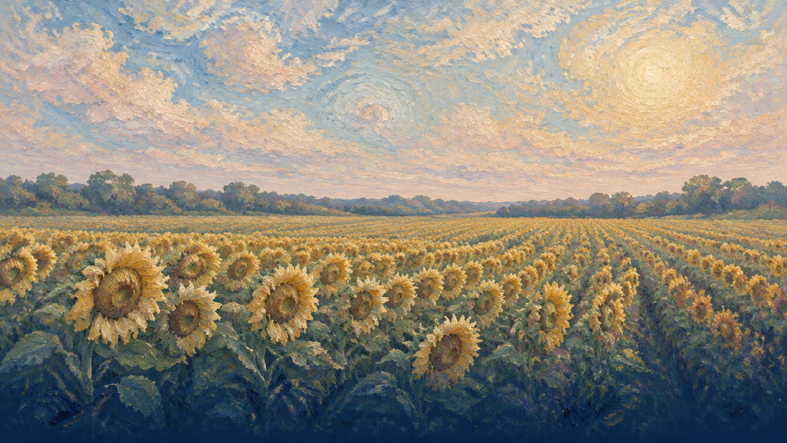 Field of sunflowers in rows running to a treeline