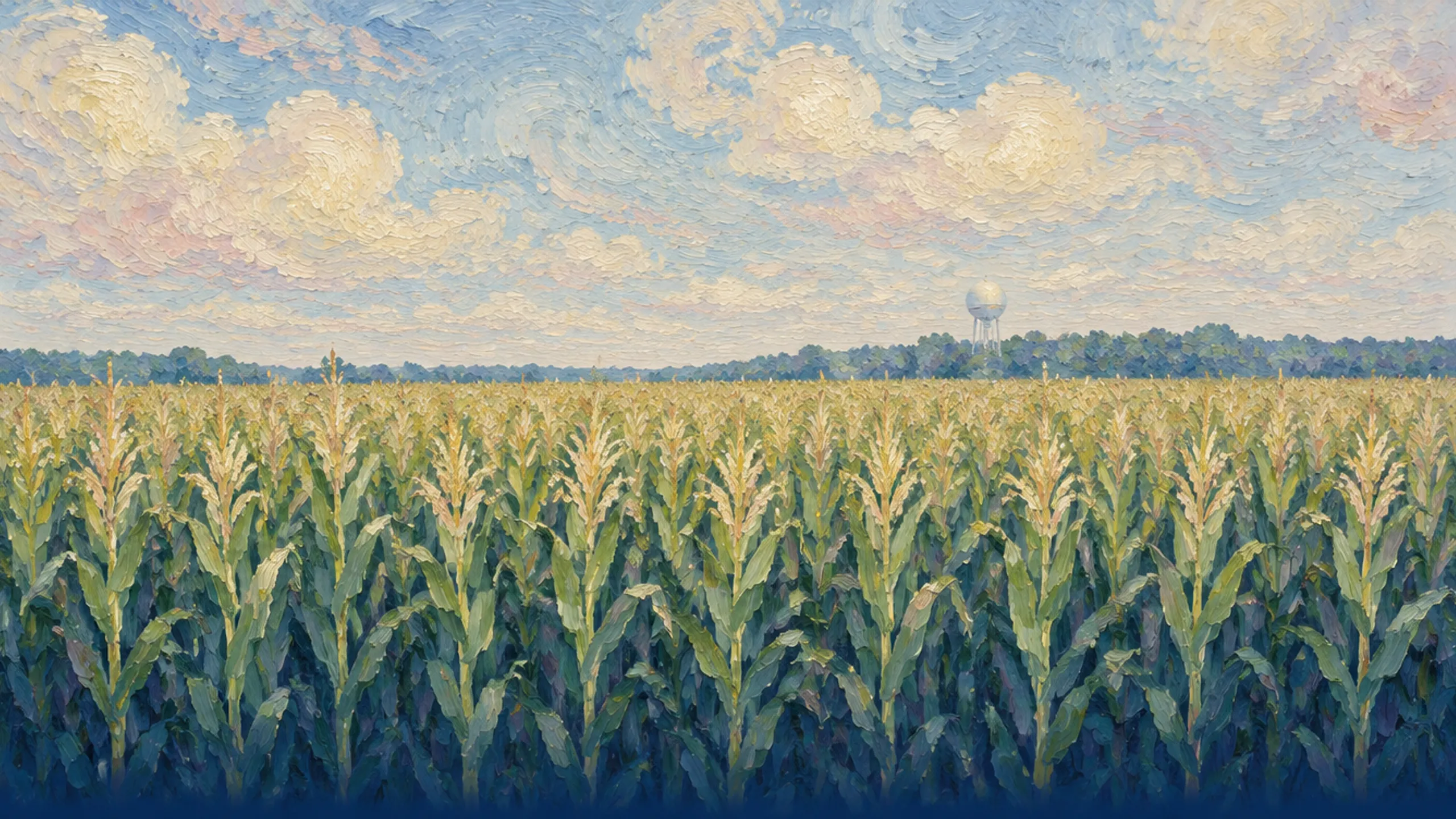 Cornfield in tassel with a water tower on the horizon