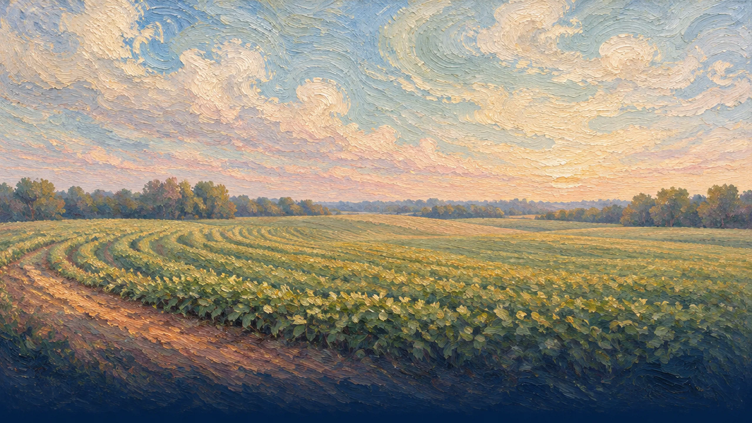 Soybean field in late summer curving to a treeline