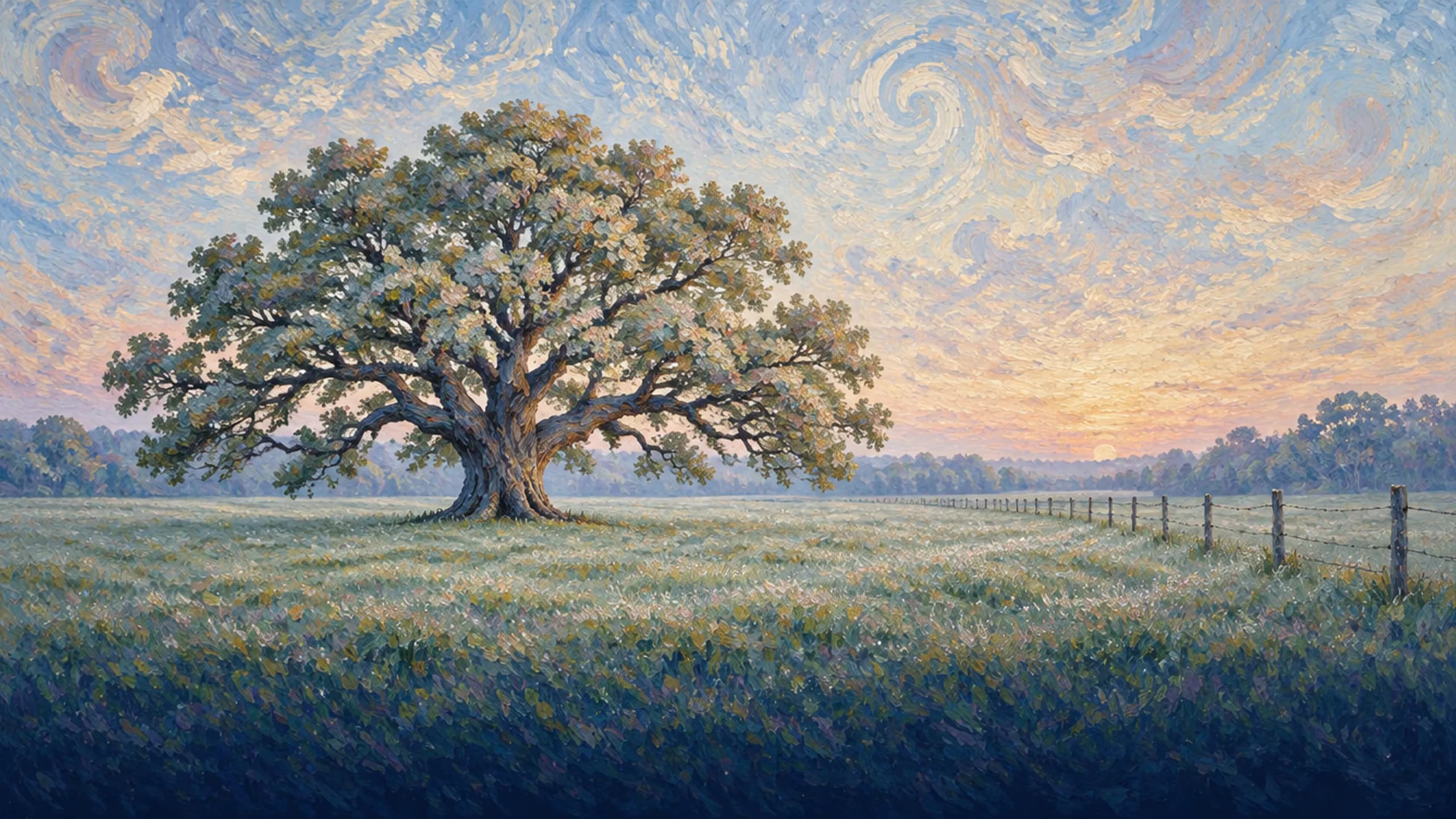 Open pasture at dawn with one great spreading oak